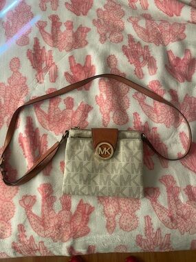 Michael Kors Cream Logo Crossbody with Brown Leather Trim
